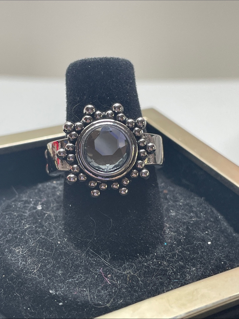 Silver Toned Ring with Faceted Smoke Gray Center Rhinestone